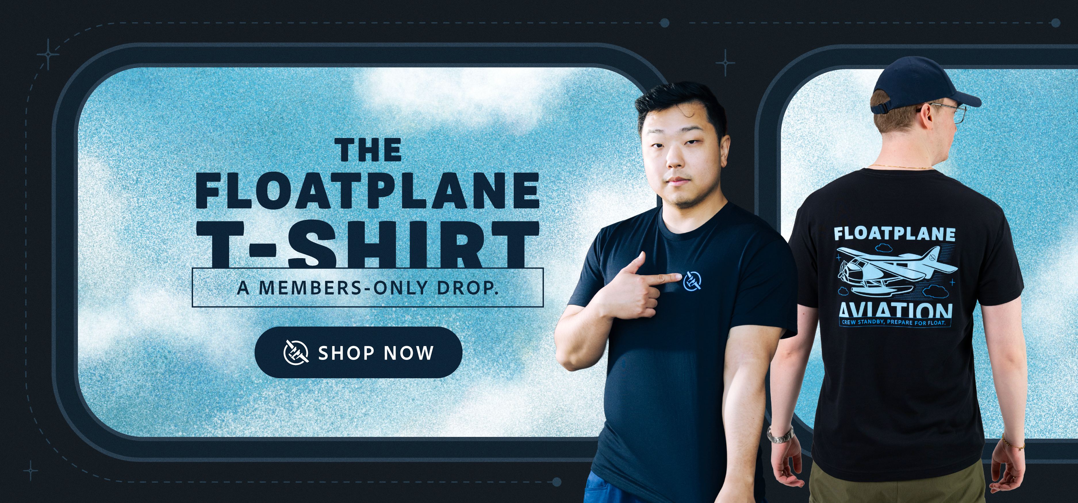 LTTStore Floatplane T-Shirt members-only apparel drop banner featuring black Floatplane aviation graphic t-shirt with front and back views, exclusive merchandise for Floatplane members.