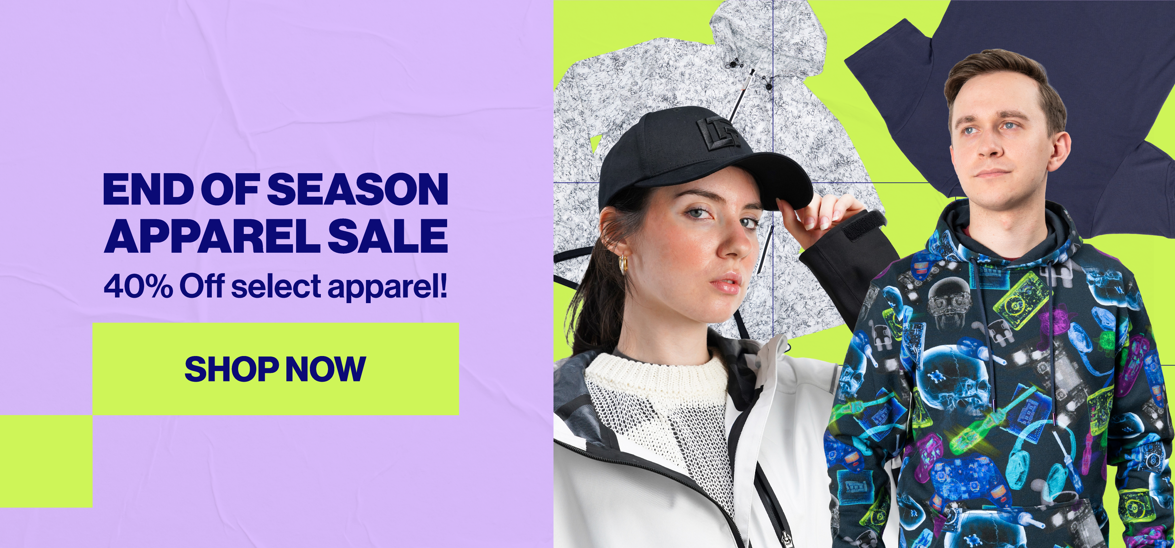Promotional banner for the LTTStore End of Season Apparel Sale featuring models wearing select apparel. Text reads "End of Season Apparel Sale" with "40% Off select apparel!" and a "Shop Now" call-to-action.