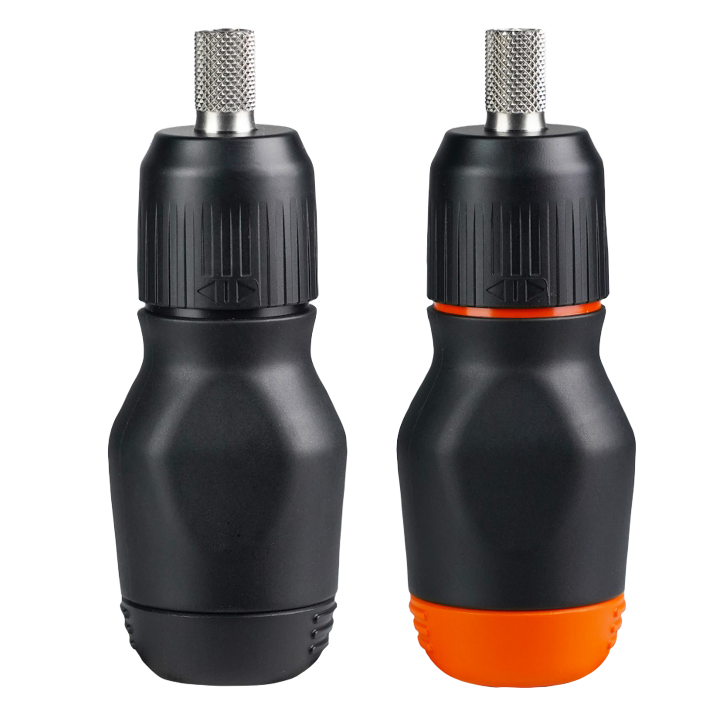 Two Stubby Screwdrivers, one with a black and silver body, and one with a black and orange body, displayed side by side.