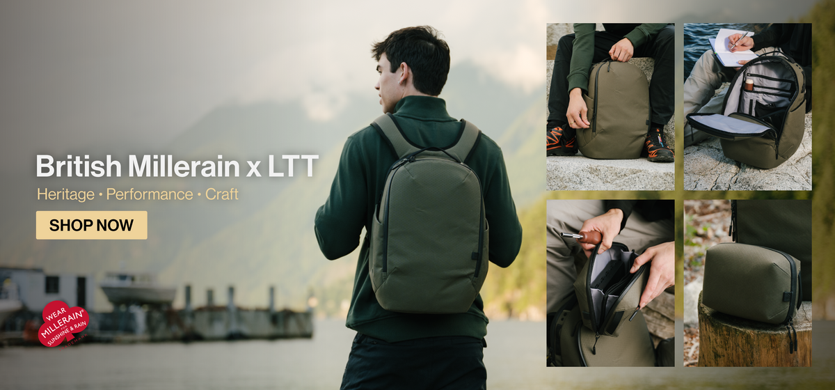 British Millerain x LTT promotional banner featuring a person wearing an LTT backpack outdoors, with four close-up photos showing the backpack’s design, storage compartments, and construction. Text reads “British Millerain x LTT” and “Heritage • Performance • Craft.”