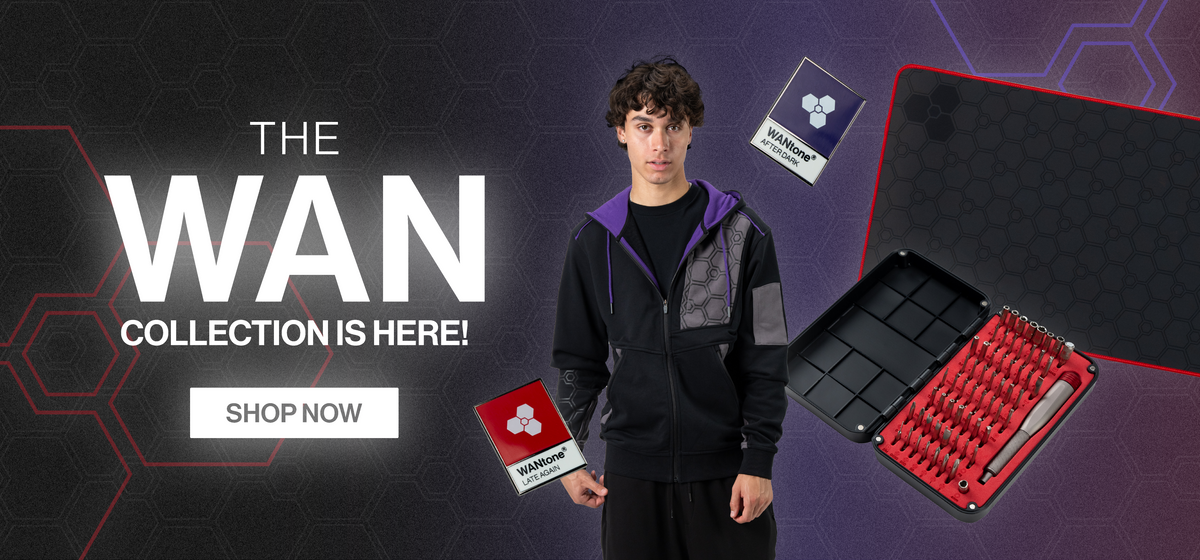 WAN Collection banner featuring the WAN After Dark Hoodie, WAN Precision Multi-Bit Screwdriver kit, and WANTone pins in classic red and After Dark purple, with text reading “The WAN Collection Is Here!” and a “Shop Now” button.