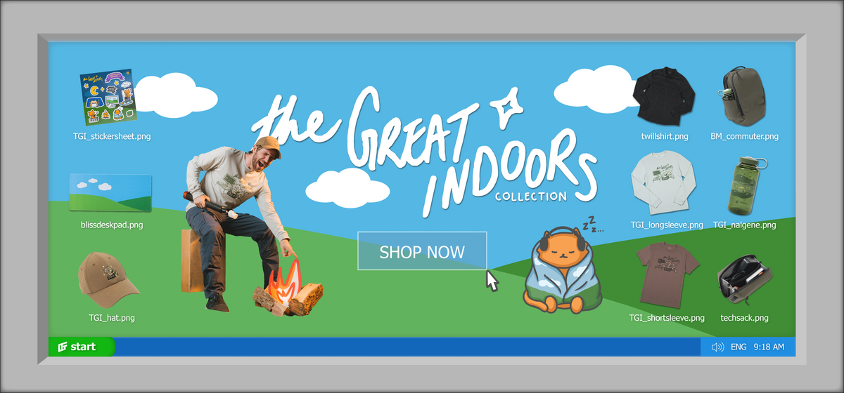 The Great Indoors Collection promotional banner featuring LTT apparel, accessories, a desk pad, water bottle, tech pouch, and sticker sheet displayed on a blue and green outdoor-inspired background, with “Shop Now” text.