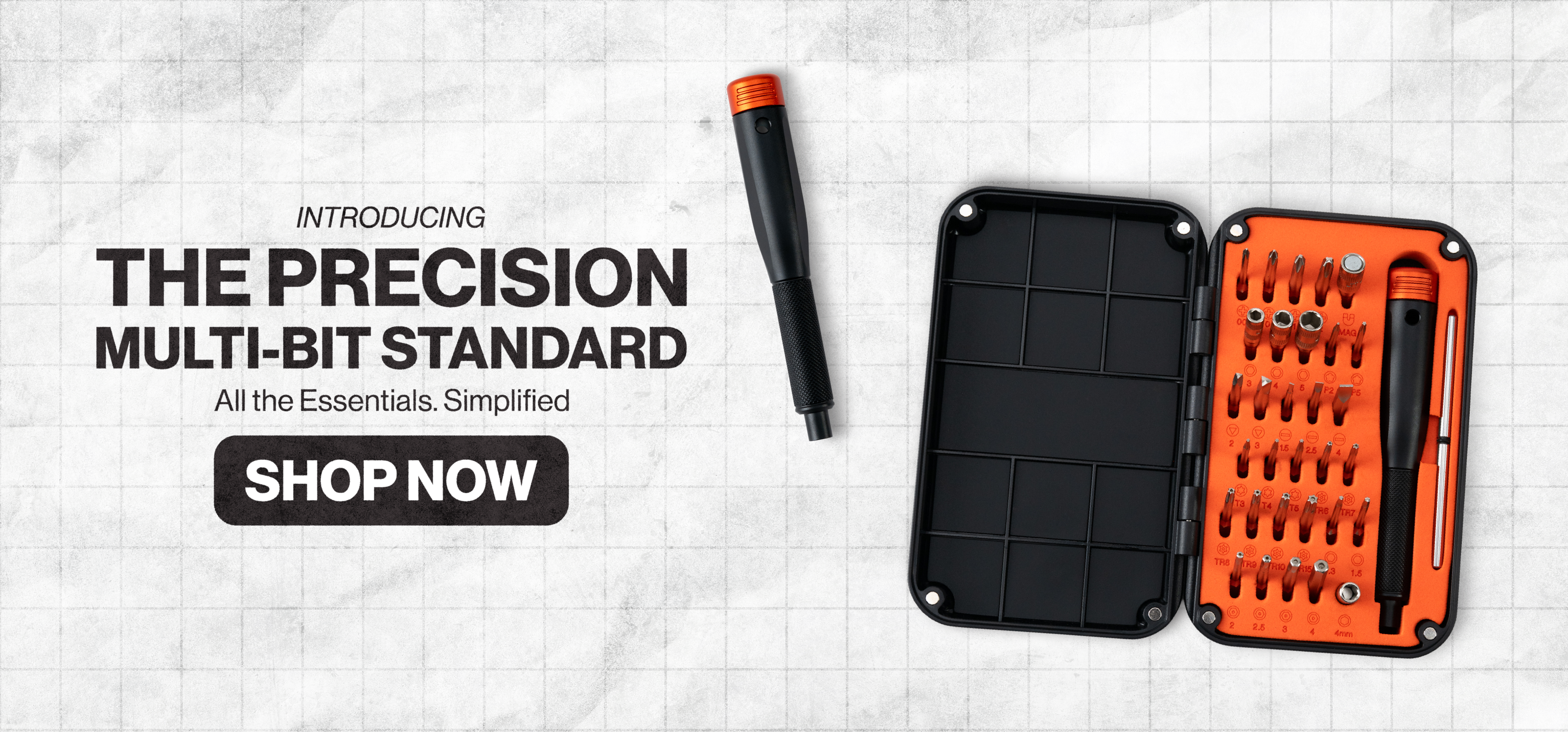 Banner showing the LTT Precision Multi-Bit Standard screwdriver kit, including the precision screwdriver, bit case, and magnetic storage organizer, with text reading “All the Essentials. Simplified.