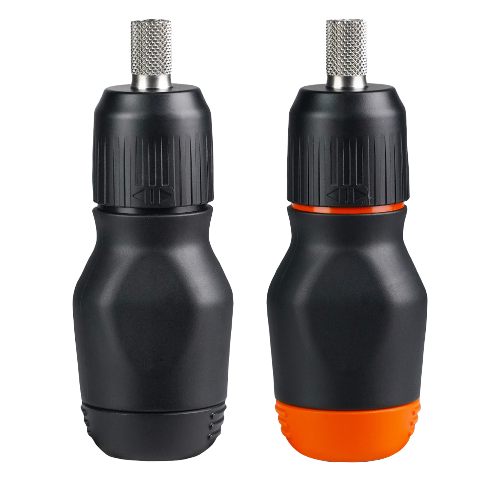 Two Stubby Screwdrivers, one with a black and silver body, and one with a black and orange body, displayed side by side.